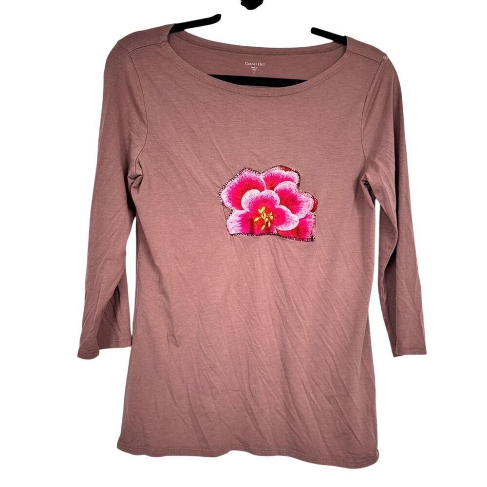 Garnet Hill Pink Flower Embroidered 3/4 Sleeve Tee Shirt Womens S Casual Basic